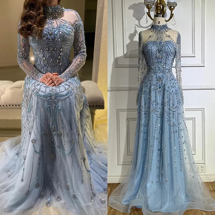 Luxury Dubai Designer Modest A-Line Blue Lace Beaded Evening Dresses LA72704 - SERENE HILL
