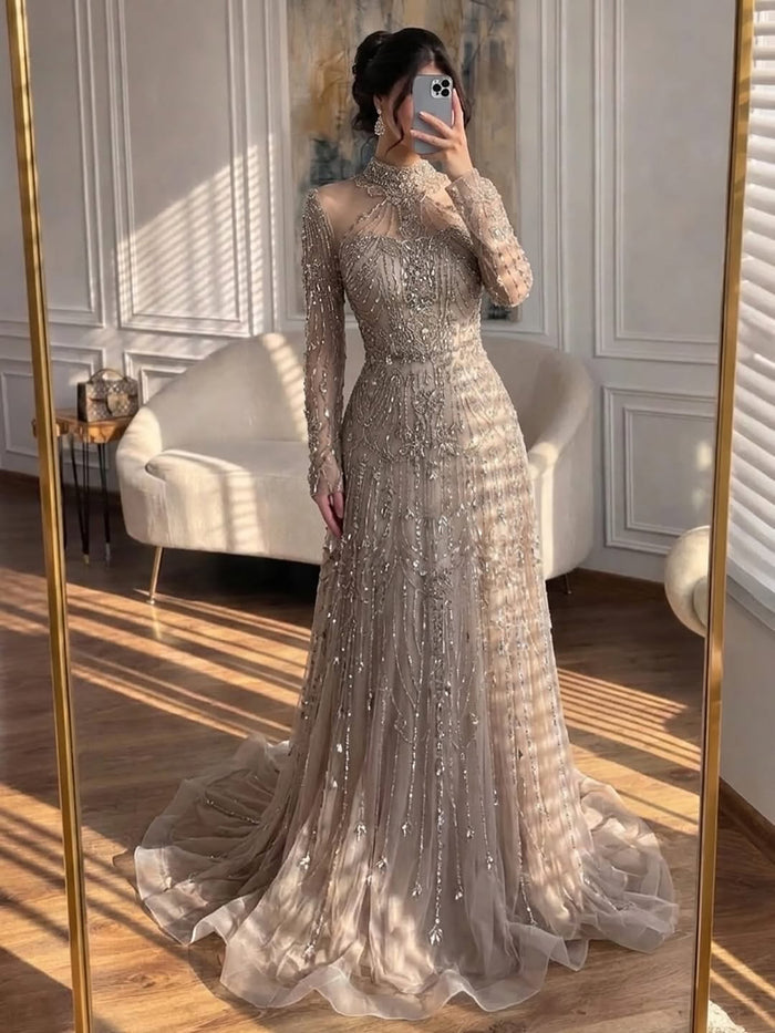 Luxury Dubai Designer Modest A-Line Blue Lace Beaded Evening Dresses LA72704 - SERENE  HILL