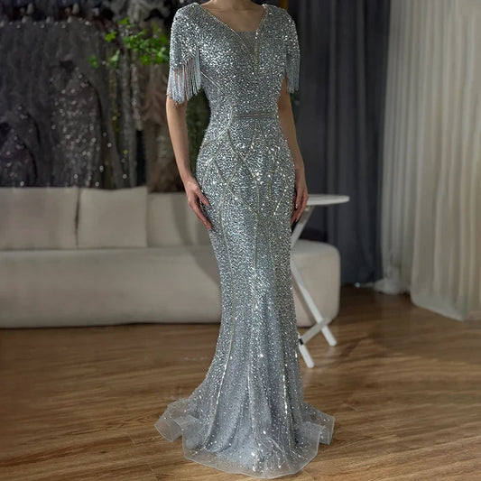 Luxury Dubai Gray Saudi Arabic Evening Gown with Beaded Tassel Dress for Formal Occasion LA72743 - SERENE HILL