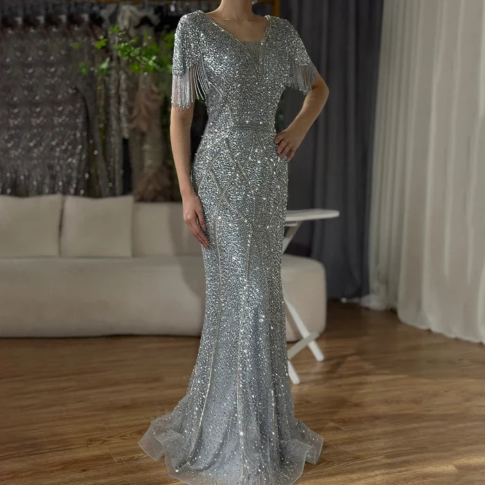 Luxury Dubai Gray Saudi Arabic Evening Gown with Beaded Tassel Dress for Formal Occasion LA72743 - SERENE HILL
