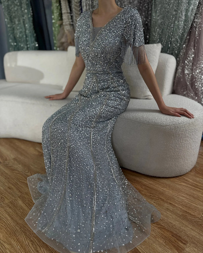 Luxury Dubai Gray Saudi Arabic Evening Gown with Beaded Tassel Dress for Formal Occasion LA72743 - SERENE HILL