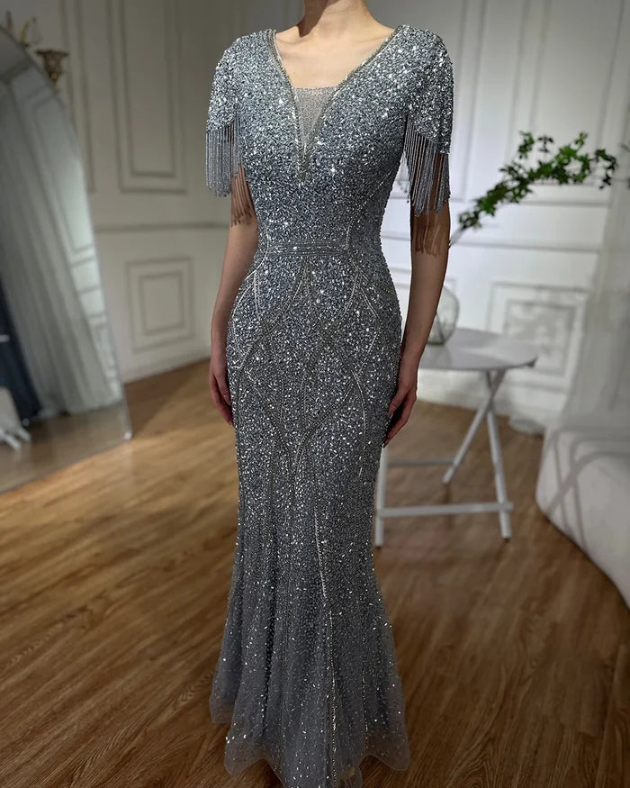 Luxury Dubai Gray Saudi Arabic Evening Gown with Beaded Tassel Dress for Formal Occasion LA72743 - SERENE HILL