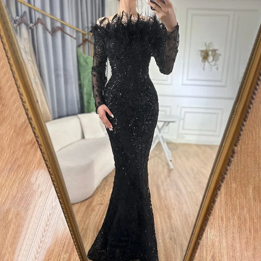 Luxury Dubai Green Long Sleeves Feathers Beaded Evening Dress LA72553 - SERENE HILL
