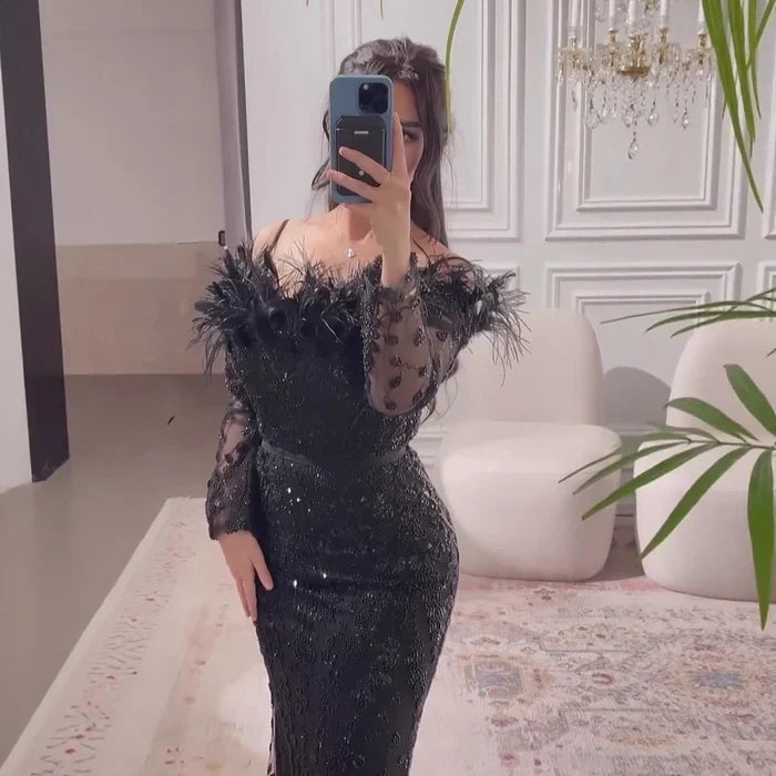 Luxury Dubai Green Long Sleeves Feathers Beaded Evening Dress LA72553 - SERENE HILL