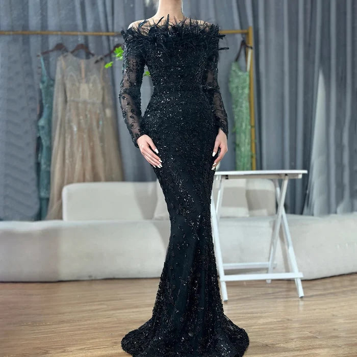 Luxury Dubai Green Long Sleeves Feathers Beaded Evening Dress LA72553 - SERENE HILL