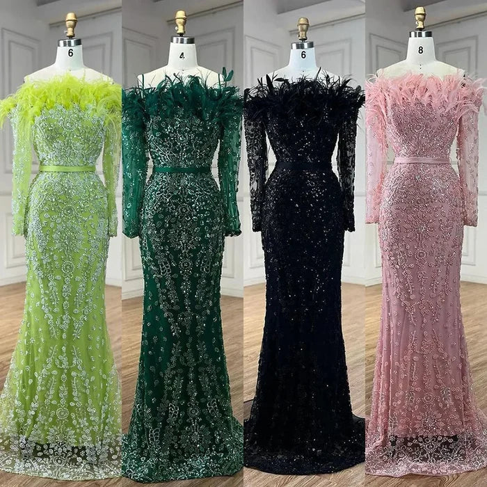 Luxury Dubai Green Long Sleeves Feathers Beaded Evening Dress LA72553 - SERENE HILL