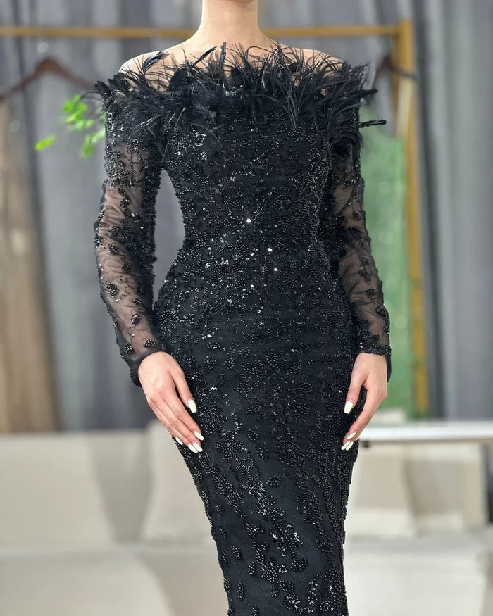 Luxury Dubai Green Long Sleeves Feathers Beaded Evening Dress LA72553 - SERENE HILL