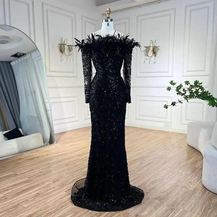 Luxury Dubai Green Long Sleeves Feathers Beaded Evening Dress LA72553 - SERENE HILL