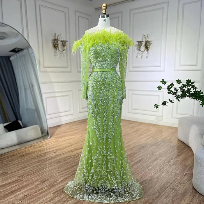 Luxury Dubai Green Long Sleeves Feathers Beaded Evening Dress LA72553 - SERENE HILL