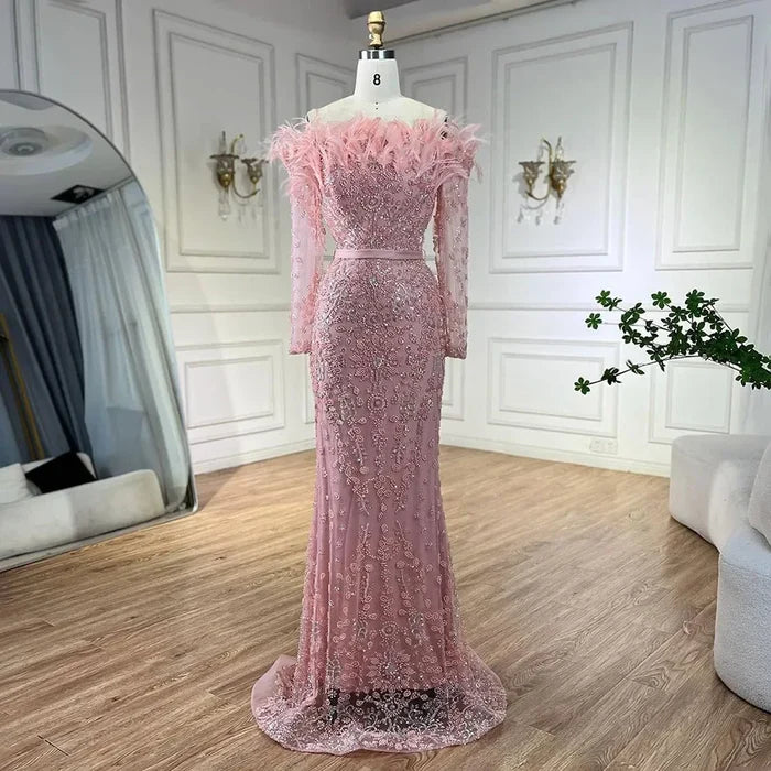 Luxury Dubai Green Long Sleeves Feathers Beaded Evening Dress LA72553 - SERENE HILL