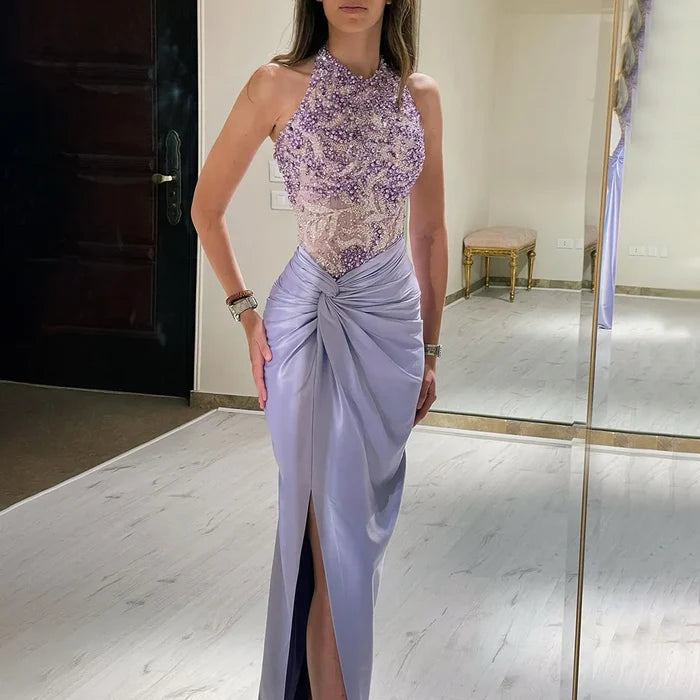 Luxury Dubai Lilac Halter Neck Satin Split Mermaid Evening Dress LA72668 - SERENE HILL