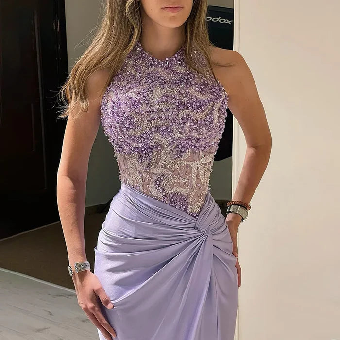 Luxury Dubai Lilac Halter Neck Satin Split Mermaid Evening Dress LA72668 - SERENE HILL