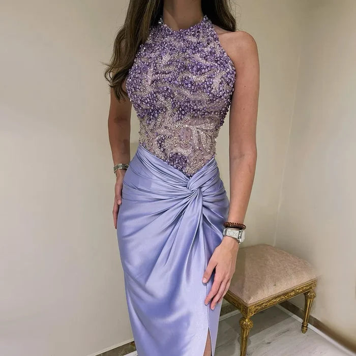 Luxury Dubai Lilac Halter Neck Satin Split Mermaid Evening Dress LA72668 - SERENE HILL