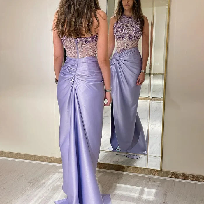 Luxury Dubai Lilac Halter Neck Satin Split Mermaid Evening Dress LA72668 - SERENE HILL