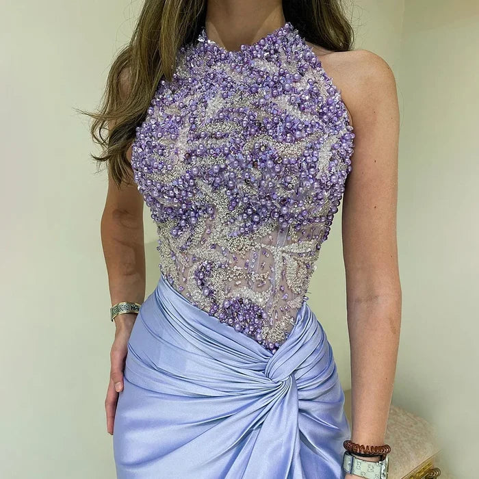 Luxury Dubai Lilac Halter Neck Satin Split Mermaid Evening Dress LA72668 - SERENE HILL