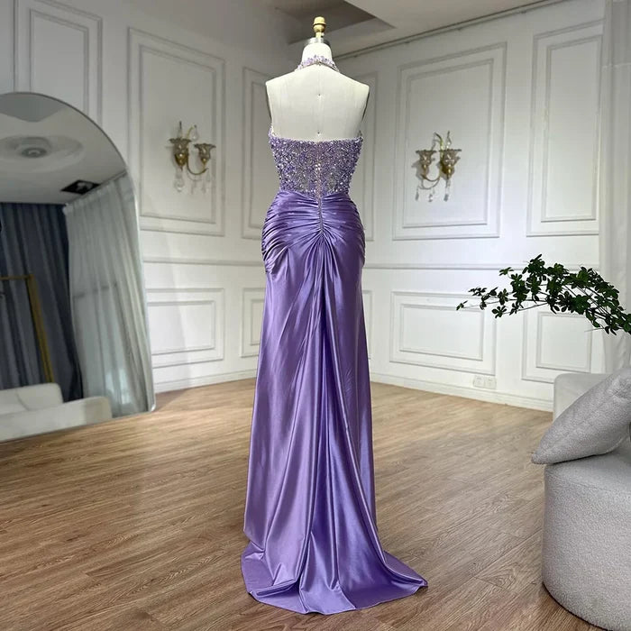 Luxury Dubai Lilac Halter Neck Satin Split Mermaid Evening Dress LA72668 - SERENE HILL