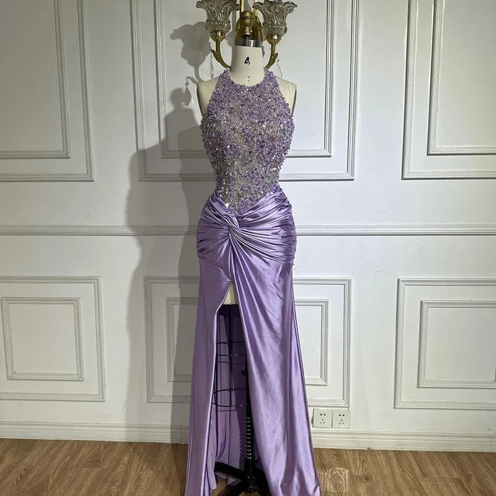 Luxury Dubai Lilac Halter Neck Satin Split Mermaid Evening Dress LA72668 - SERENE HILL