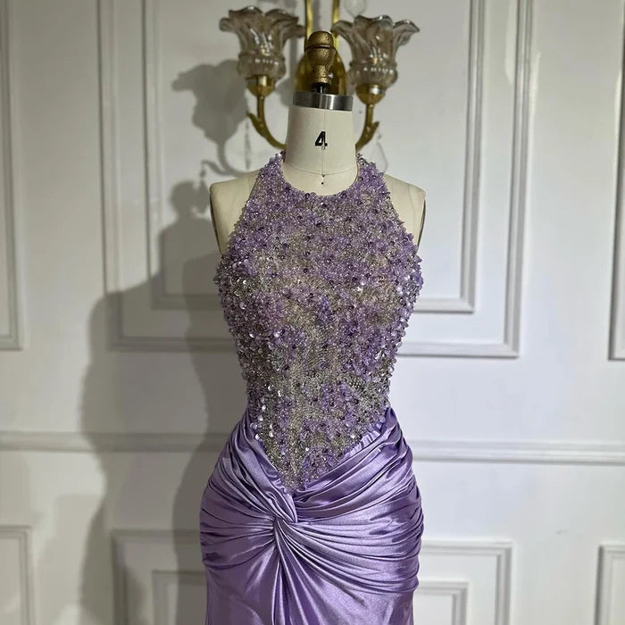 Luxury Dubai Lilac Halter Neck Satin Split Mermaid Evening Dress LA72668 - SERENE HILL