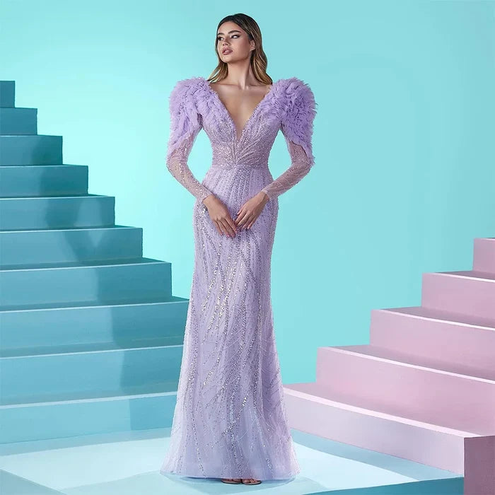 Luxury Dubai Long Sleeves Mermaid Lilac Evening Dress LA72471 - SERENE HILL