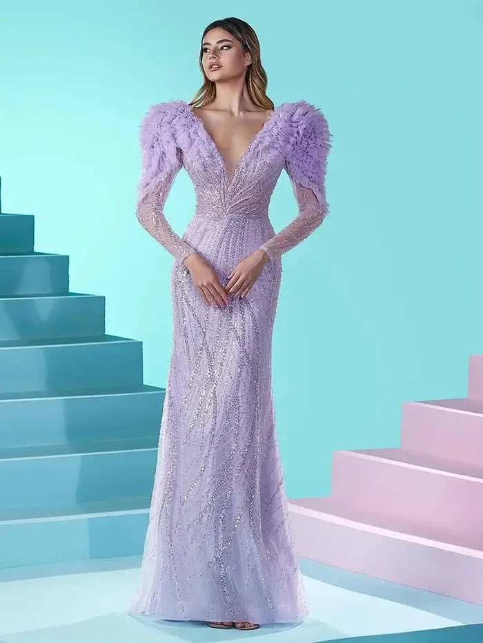 Luxury Dubai Long Sleeves Mermaid Lilac Evening Dress LA72471 - SERENE HILL