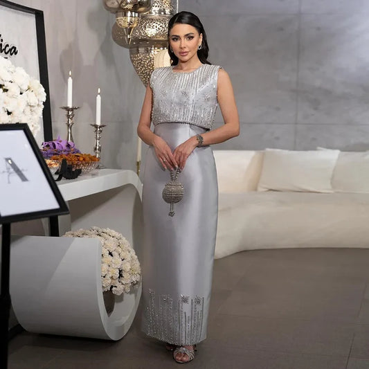 Luxury Dubai Luxury Saudi Beaded Gray Midi Formal Evening Dress for Arabic Occasion LA72761 - SERENE HILL