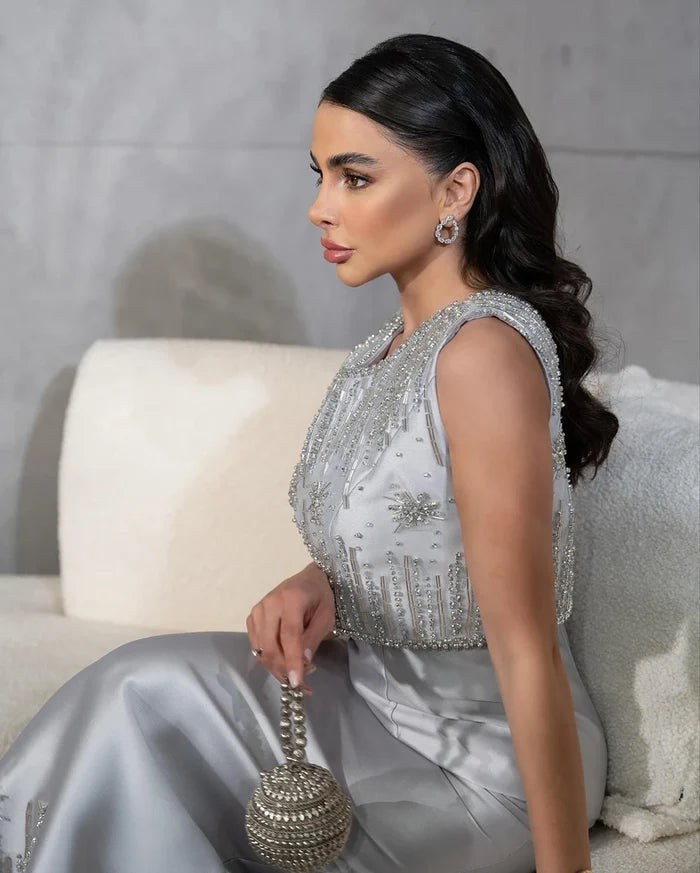 Luxury Dubai Luxury Saudi Beaded Gray Midi Formal Evening Dress for Arabic Occasion LA72761 - SERENE HILL