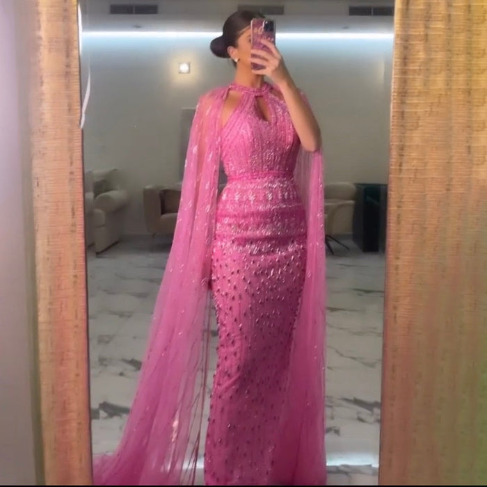 Luxury Dubai Mermaid Pink Evening Dresses with Cape Sleeves LA71817 - SERENE HILL