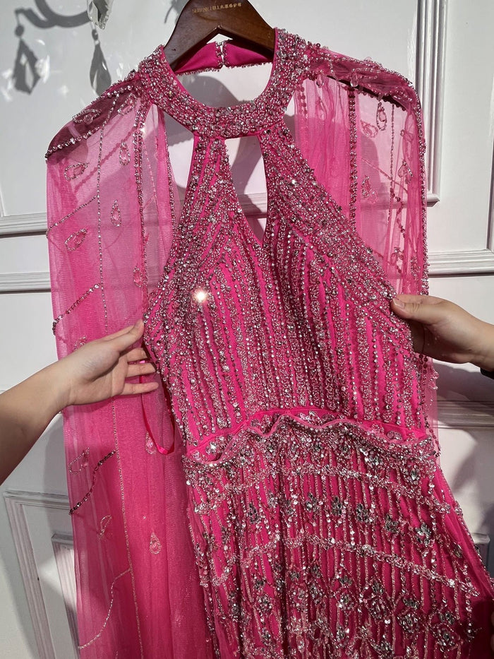 Luxury Dubai Mermaid Pink Evening Dresses with Cape Sleeves LA71817 - SERENE HILL