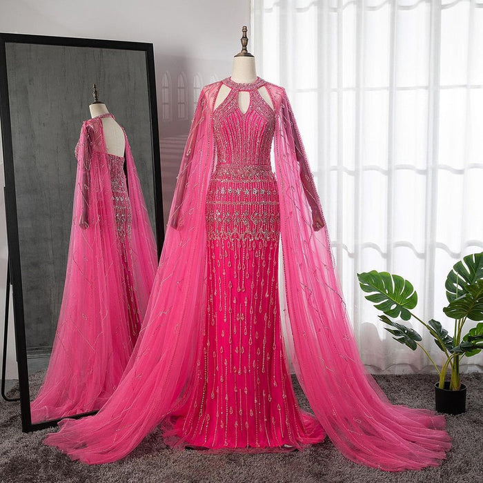 Luxury Dubai Mermaid Pink Evening Dresses with Cape Sleeves LA71817 - SERENE HILL