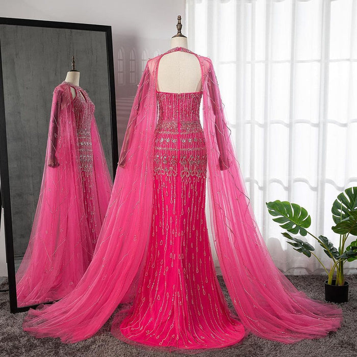 Luxury Dubai Mermaid Pink Evening Dresses with Cape Sleeves LA71817 - SERENE HILL