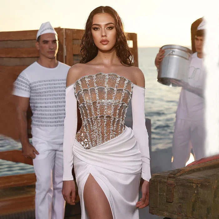 Luxury Dubai Mermaid White Evening Dress Sexy Scalloped LA72293 - SERENE HILL