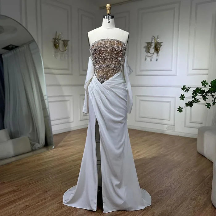 Luxury Dubai Mermaid White Evening Dress Sexy Scalloped LA72293 - SERENE HILL