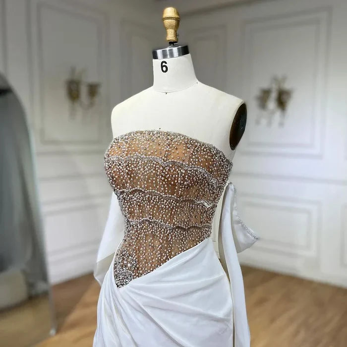 Luxury Dubai Mermaid White Evening Dress Sexy Scalloped LA72293 - SERENE HILL