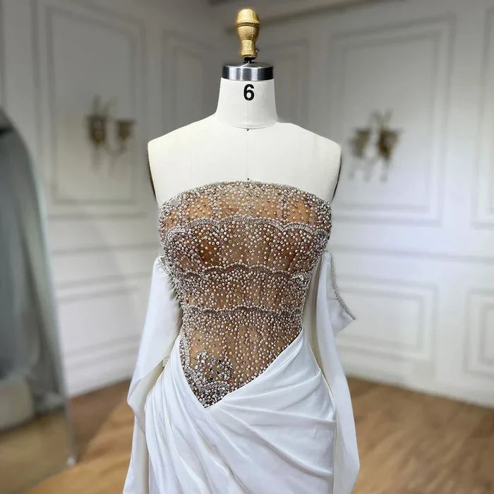 Luxury Dubai Mermaid White Evening Dress Sexy Scalloped LA72293 - SERENE HILL