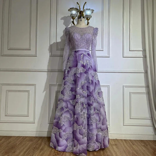 Luxury Dubai Muslim Elegant Lilac Beaded A Line Evening Gown for Formal Occasion LA72847 - SERENE HILL