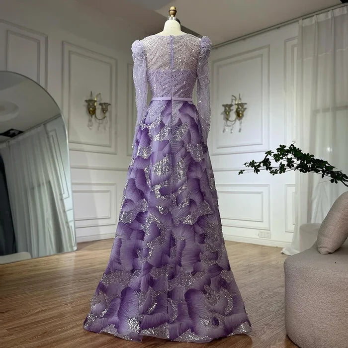 Luxury Dubai Muslim Elegant Lilac Beaded A Line Evening Gown for Formal Occasion LA72847 - SERENE HILL