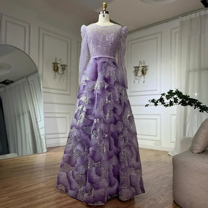 Luxury Dubai Muslim Elegant Lilac Beaded A Line Evening Gown for Formal Occasion LA72847 - SERENE HILL