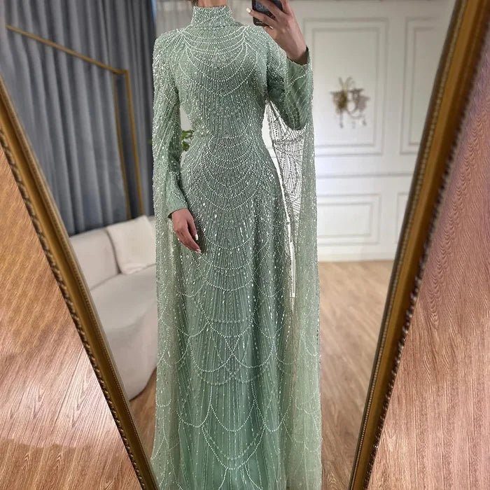 Luxury Dubai Muslim Sage Green Pearls Evening Dress With Cape Plus Size LA72591 - SERENE HILL