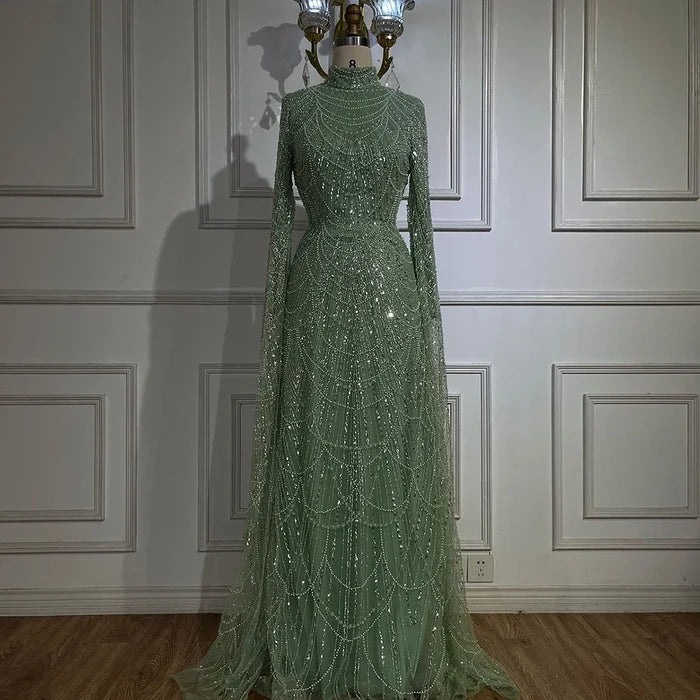 Luxury Dubai Muslim Sage Green Pearls Evening Dress With Cape Plus Size LA72591 - SERENE HILL