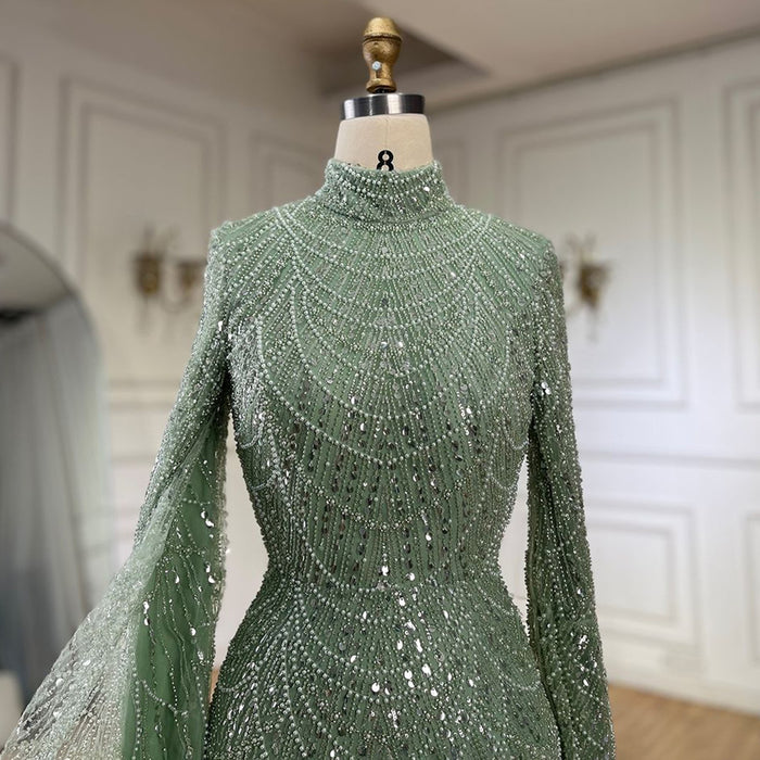 Luxury Dubai  Muslim Sage Green Pearls  Evening  Dress With Cape Plus Size LA72591