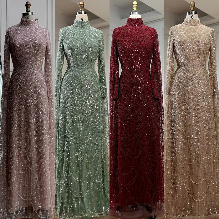 Luxury Dubai Muslim Sage Green Pearls Evening Dress With Cape Plus Size LA72591 - SERENE HILL