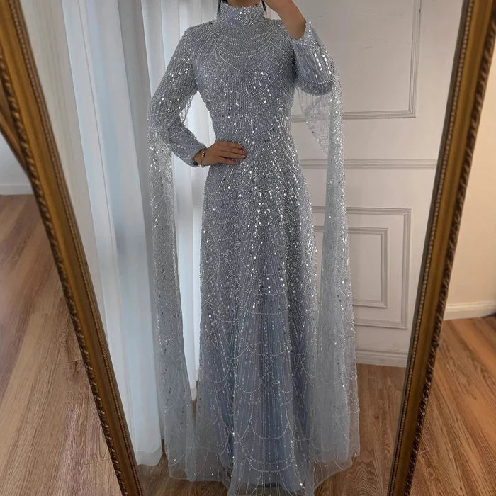 Luxury Dubai Muslim Sage Green Pearls Evening Dress With Cape Plus Size LA72591 - SERENE HILL
