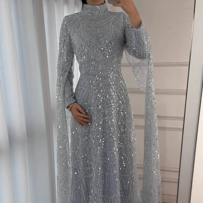 Luxury Dubai Muslim Sage Green Pearls Evening Dress With Cape Plus Size LA72591 - SERENE HILL