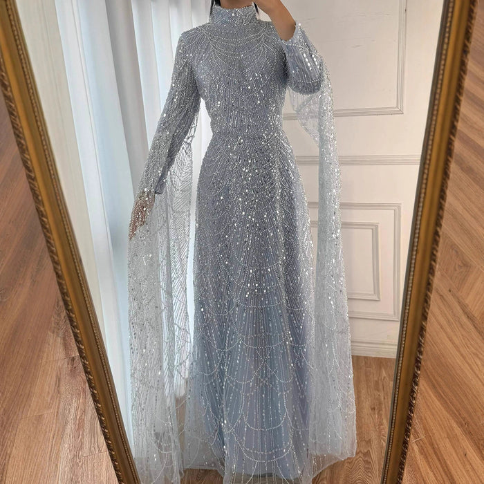 Luxury Dubai  Muslim Sage Green Pearls  Evening  Dress With Cape Plus Size LA72591