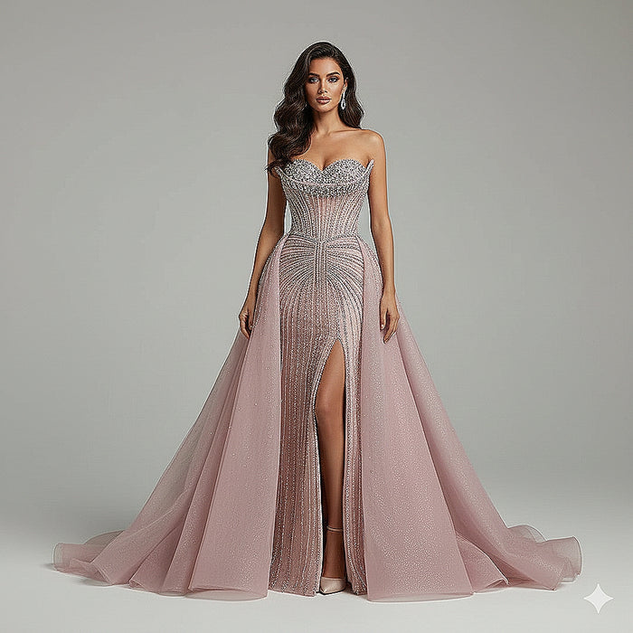 Luxury Dubai Nude Beaded Mermaid Evening Dress with Overskirt LA72811 - SERENE  HILL