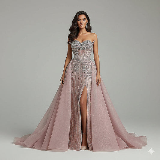 Luxury Dubai Nude Beaded Mermaid Evening Dress with Overskirt LA72811 - SERENE  HILL