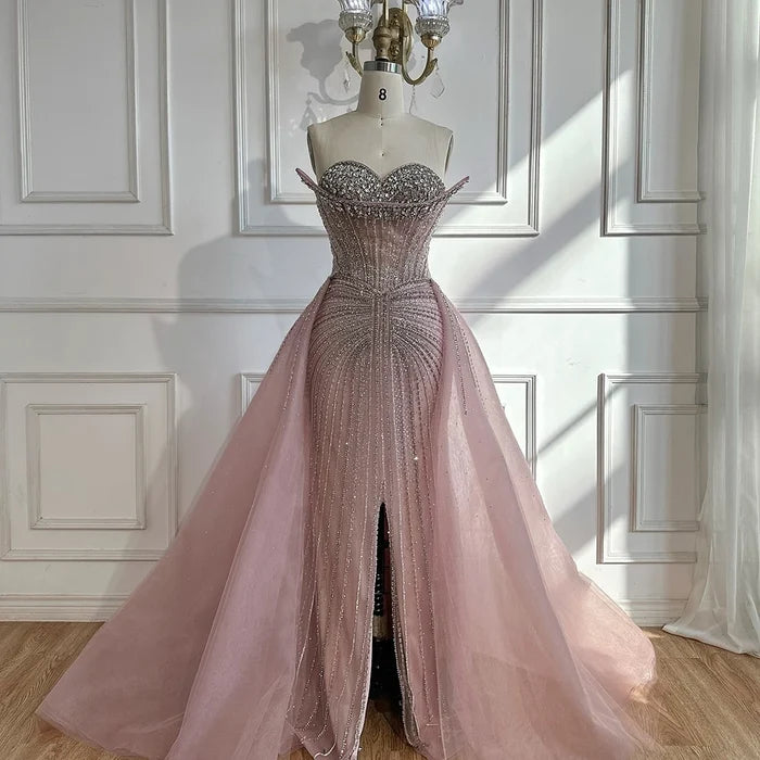 Luxury Dubai Nude Beaded Mermaid Evening Dress with Overskirt LA72811 - SERENE HILL