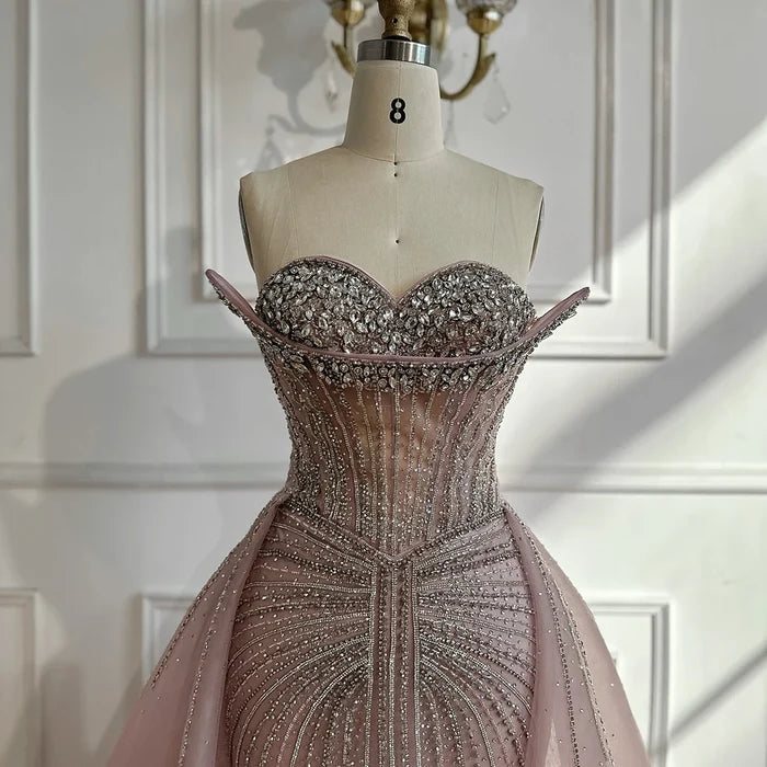Luxury Dubai Nude Beaded Mermaid Evening Dress with Overskirt LA72811 - SERENE HILL