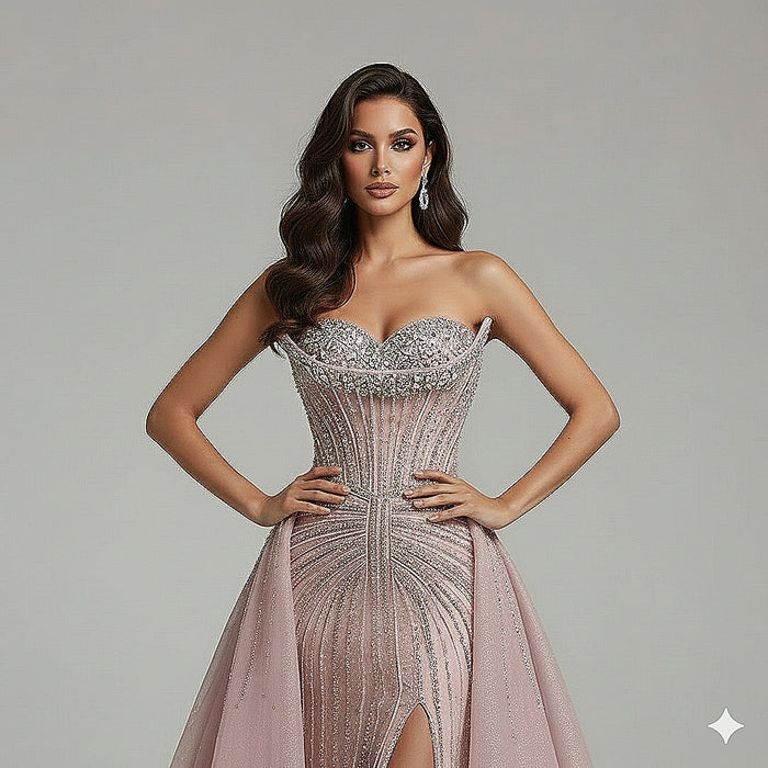Luxury Dubai Nude Beaded Mermaid Evening Dress with Overskirt LA72811 - SERENE  HILL