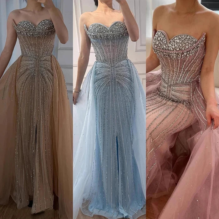 Luxury Dubai Nude Beaded Mermaid Evening Dress with Overskirt LA72811 - SERENE HILL